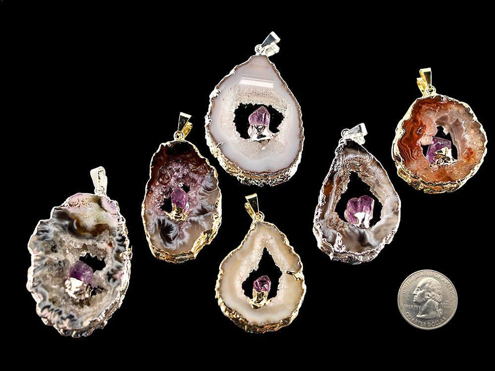 Agate Pendant with Amethyst Crystal - Silver / Gold