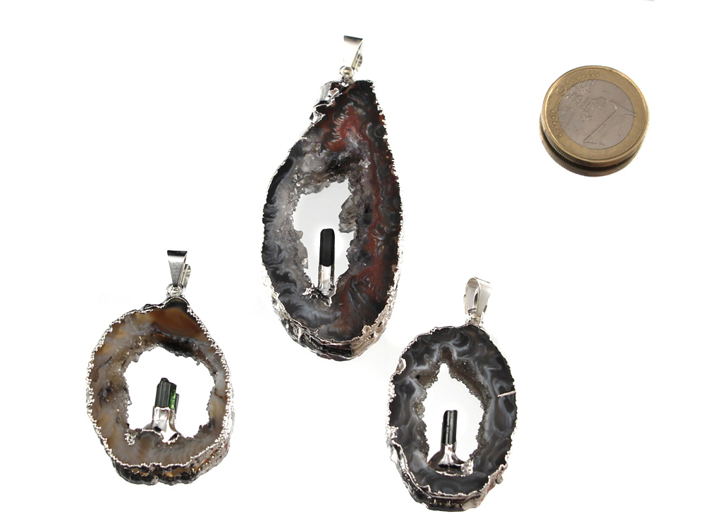 Agate Pendant with Tourmaline Crystal, Silver - 1 Piece