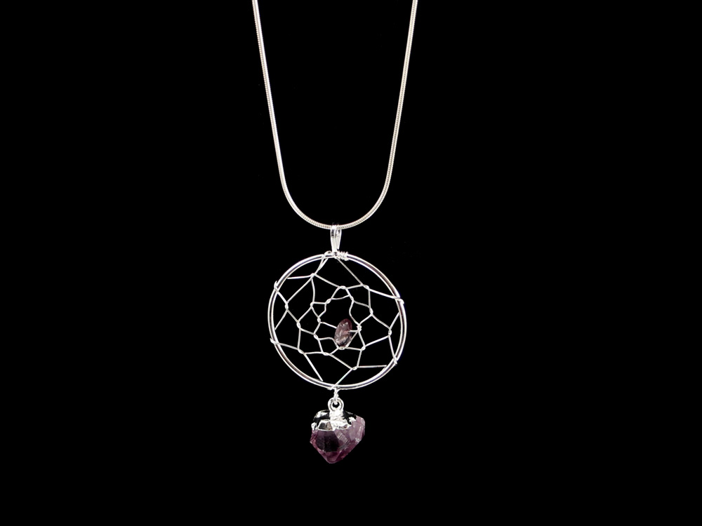 Dreamcatcher Pendant, Amethyst Crystals - Silver/Gold Dreamcatcher Pendant, Amethyst Crystals - Silver/Gold