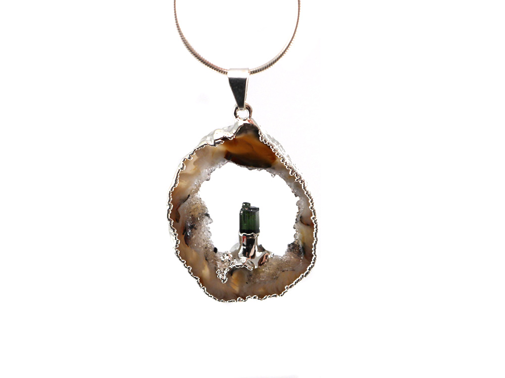 Agate Pendant with Tourmaline Crystal, Silver - 1 pc Agate Pendant with Tourmaline Crystal, Silver - 1 pc