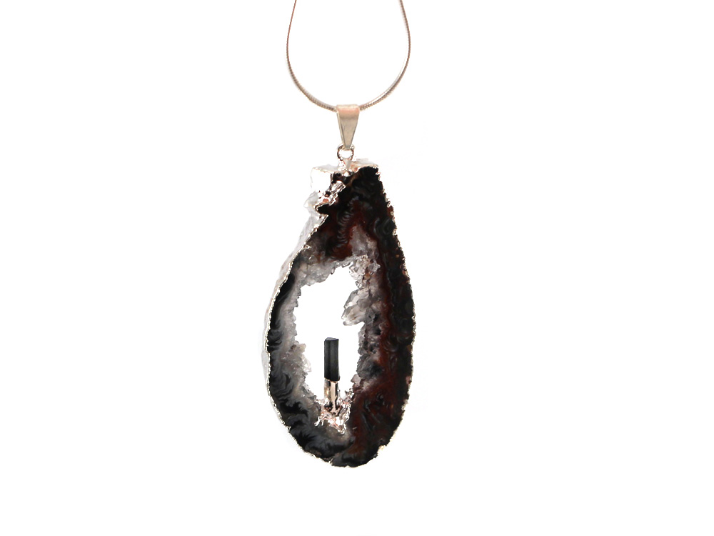 Agate Pendant with Tourmaline Crystal, Silver - 1 pc Agate Pendant with Tourmaline Crystal, Silver - 1 pc